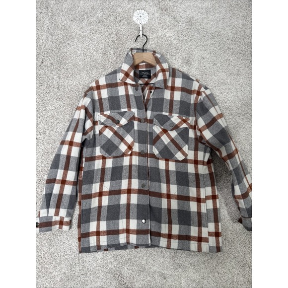 Jackets & Blazers - HFX Women Jacket XS Beige Plaid Flannel Pearl Snap Shacket Wool Blend